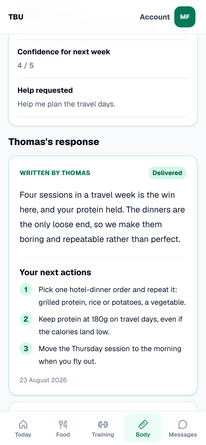 A Total Body Upgrade weekly check-in on a phone, showing a written coaching answer and the actions for the week