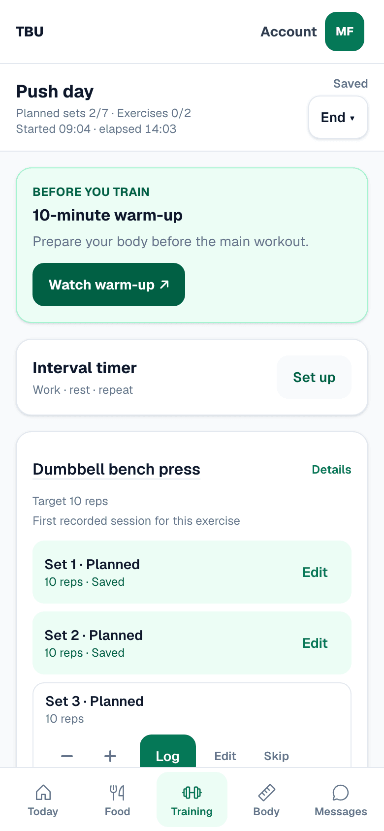The Total Body Upgrade session runner on a phone, showing the current set, the suggested load and a rest timer