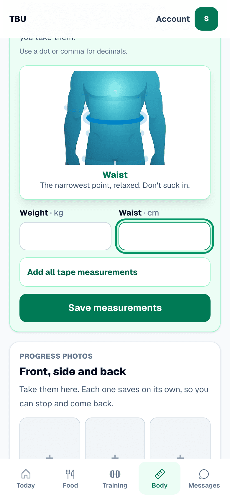 A weekly check-in on a phone with an illustrated body chart zoomed to the waist, reading the narrowest point relaxed, don't suck in