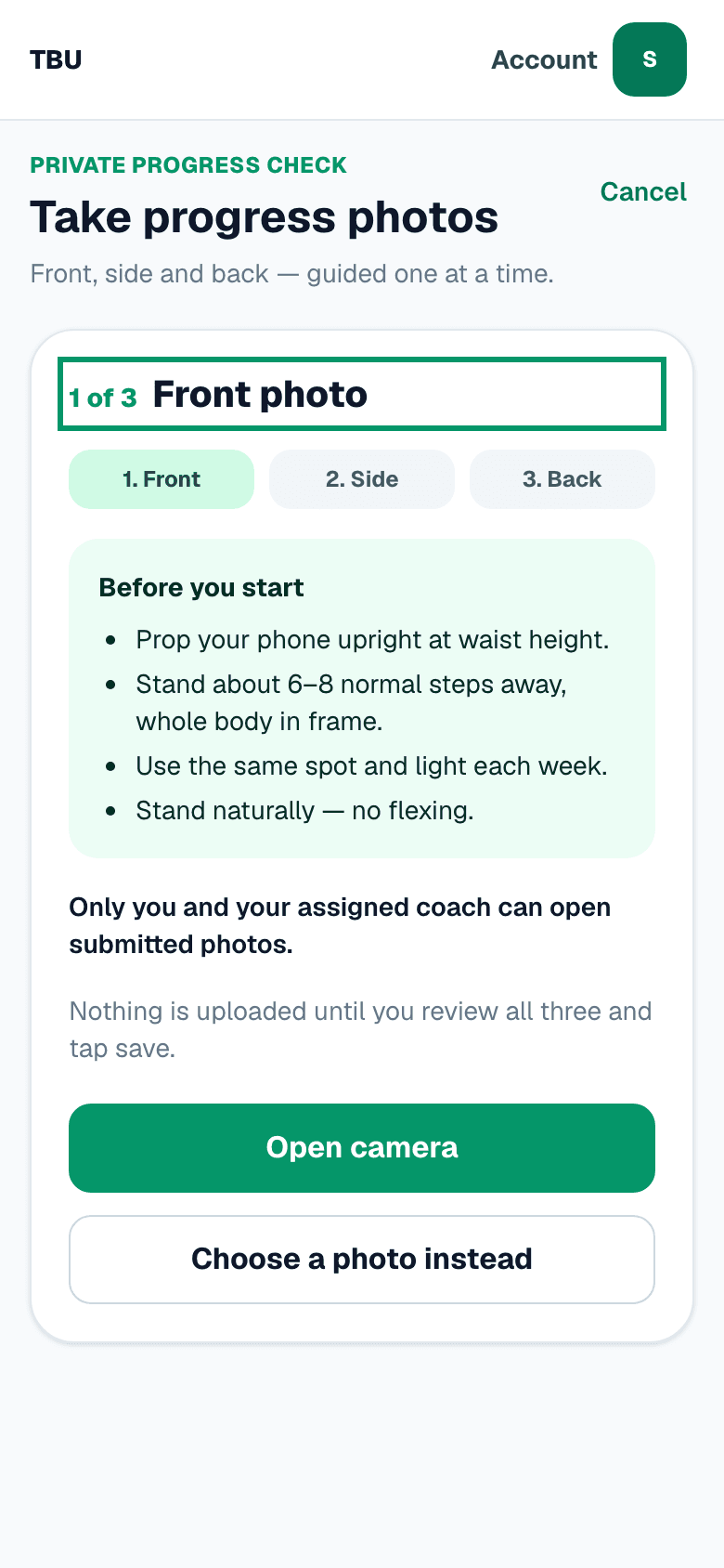The guided progress photo screen on a phone: one of three, front photo, and a panel headed before you start with instructions for phone height, distance and light