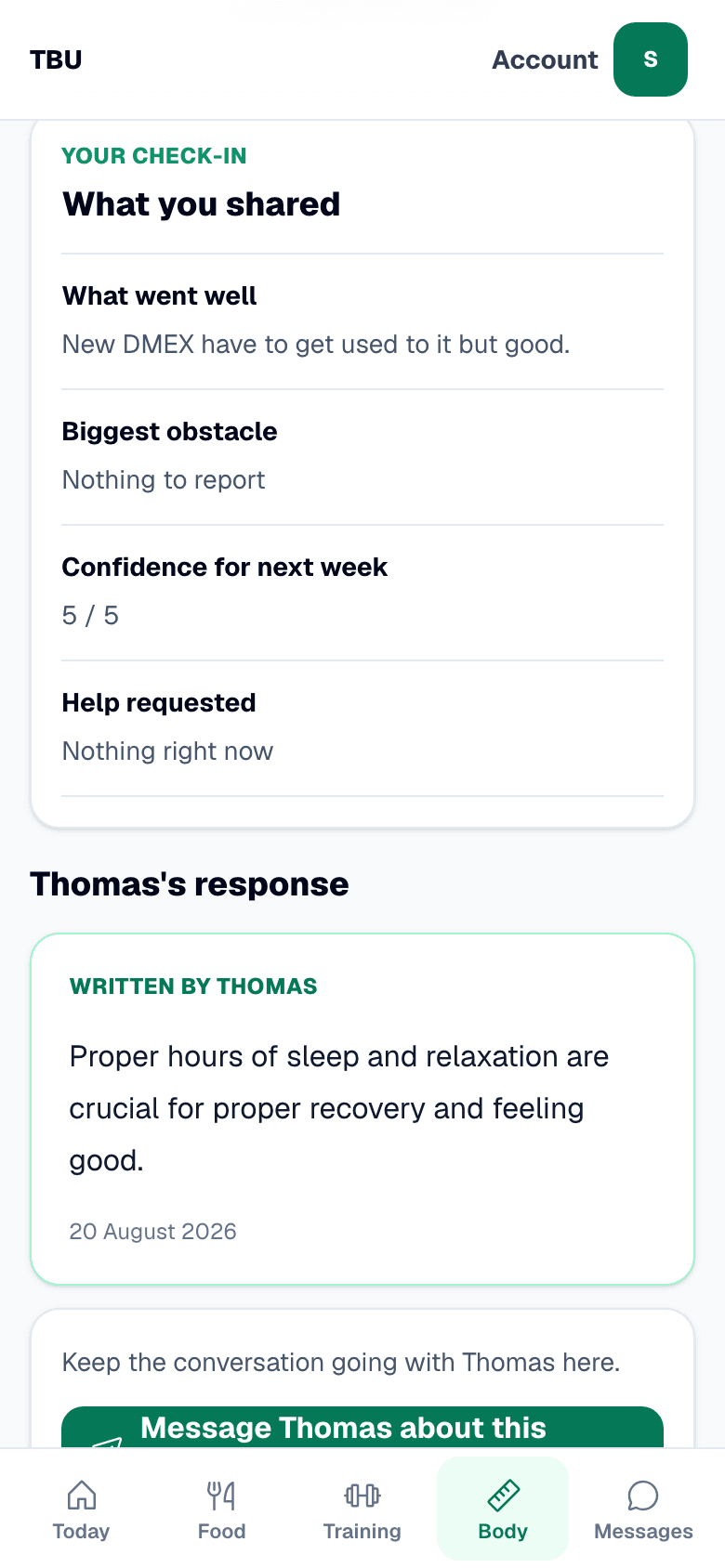 A reviewed check-in on a phone showing the student's own answers and Thomas's written response about sleep and recovery