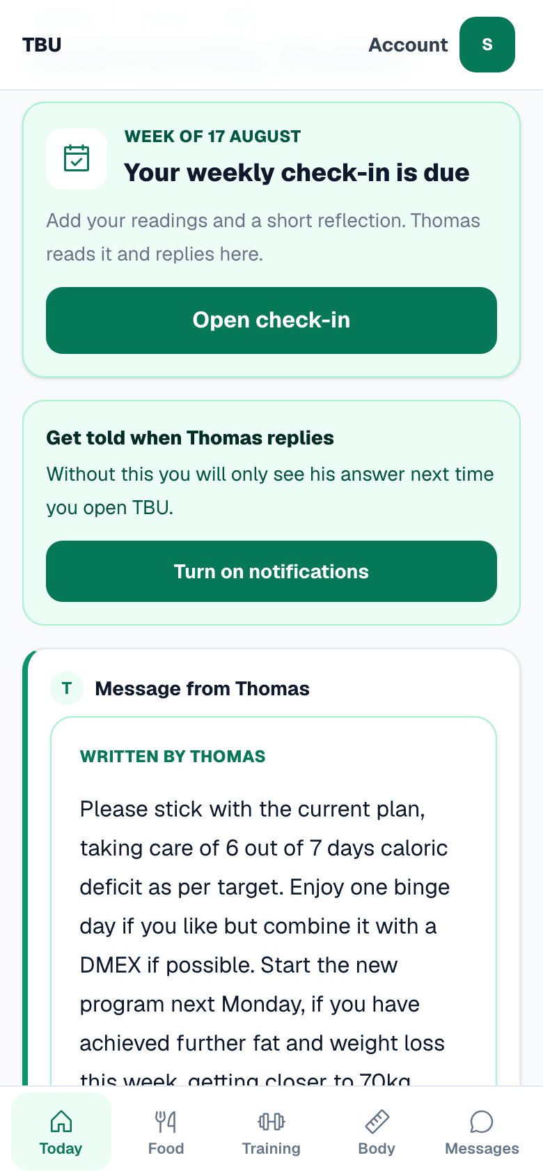 The Today screen on a phone: a card saying your weekly check-in is due, an offer to turn on notifications, and a written message from Thomas