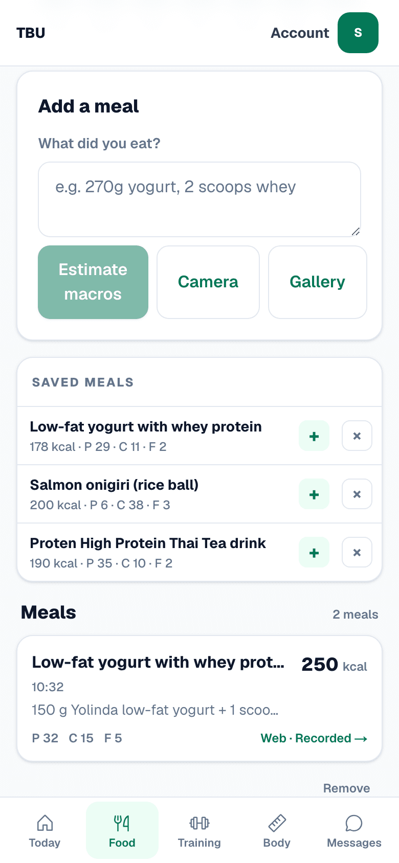 The Total Body Upgrade food screen on a phone: a box asking what did you eat, buttons for Camera and Gallery, and a list of saved meals underneath