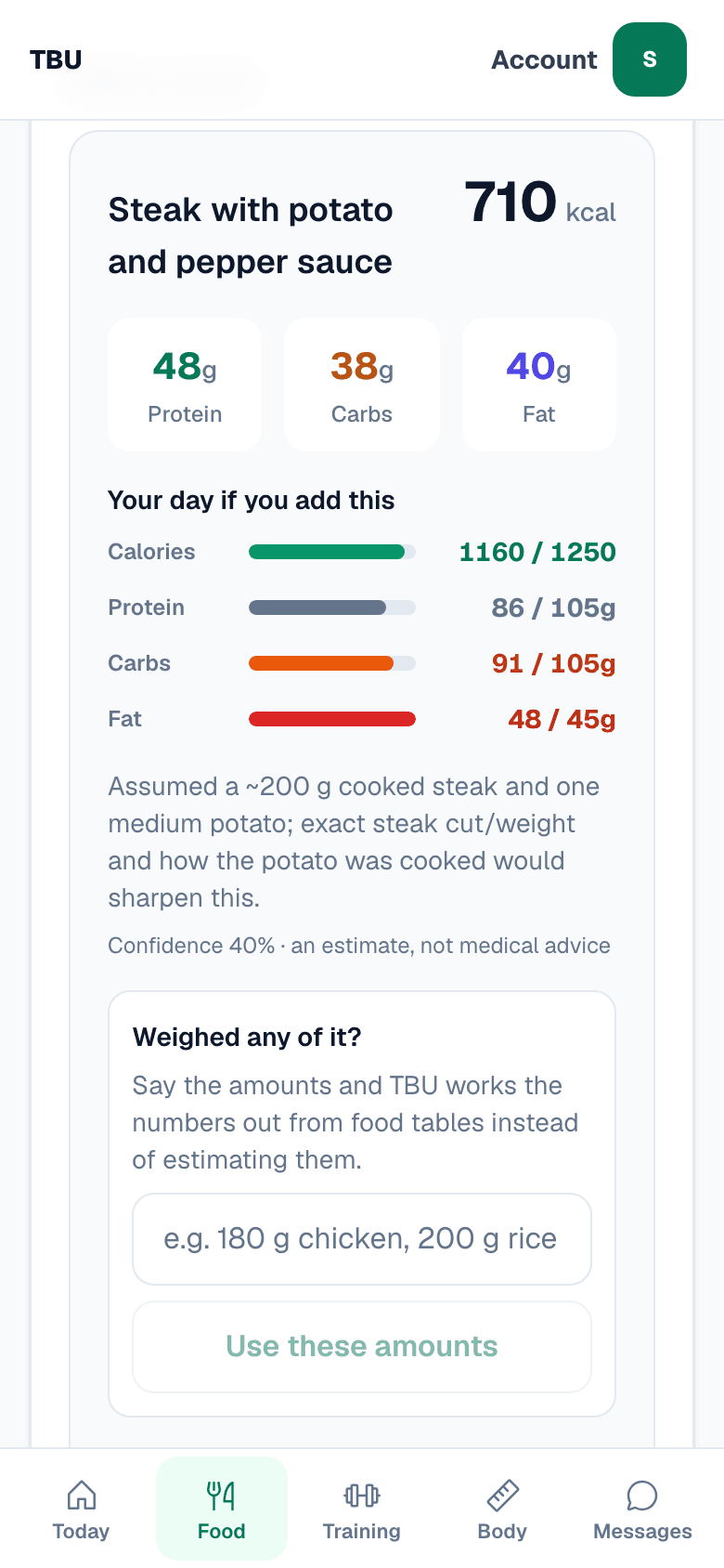 A meal estimate on a phone: steak with potato and pepper sauce at 710 kcal, protein carbs and fat, and a projection headed Your day if you add this reading 1160 of 1250 calories