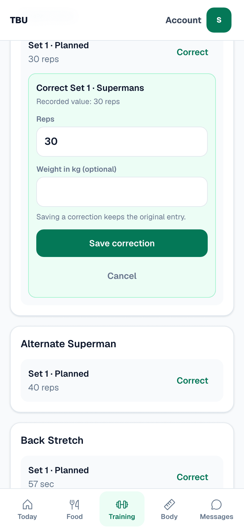 A past workout on a phone with a correction open: recorded value 30 reps, a reps field, an optional weight field and a Save correction button