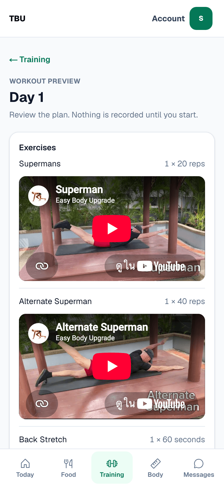 A workout preview on a phone showing Supermans and Alternate Superman, each with an embedded video of Thomas demonstrating the movement