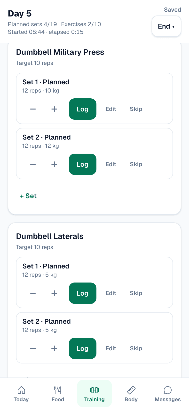 A workout in progress on a phone: dumbbell military press with 12 reps and 10 kg already filled in, and Log, Edit and Skip on each set
